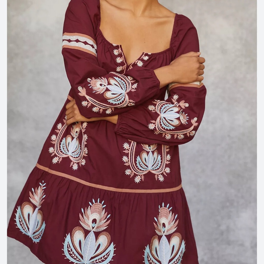 Anthropologie Women's Let Me Be Embroidered Tunic Dress Raspberry Red